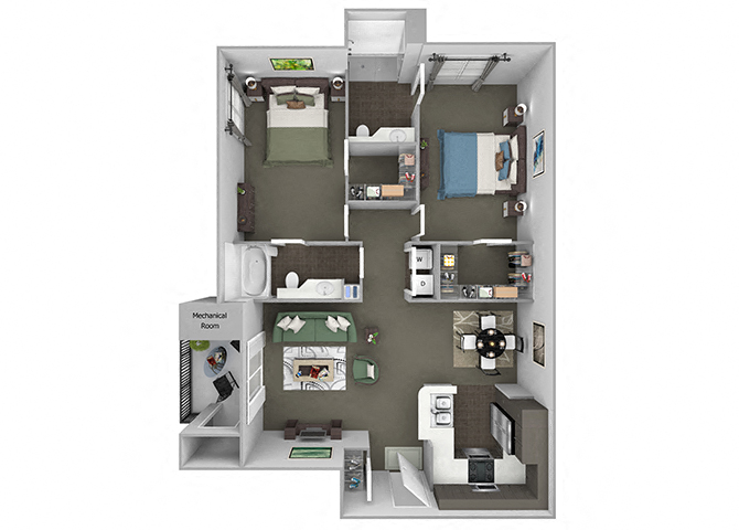 Floor plan for 2 beds, 2 baths, 1141 sqft